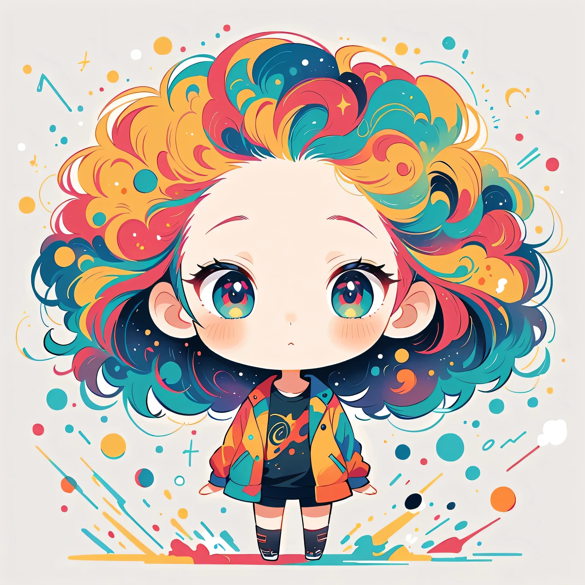 Watase Seizo style, Standing in front of a high wall,Simple Line Initialism,Abstract art,galactic universe Background, (((The most beautiful girl))), (((chibi)))