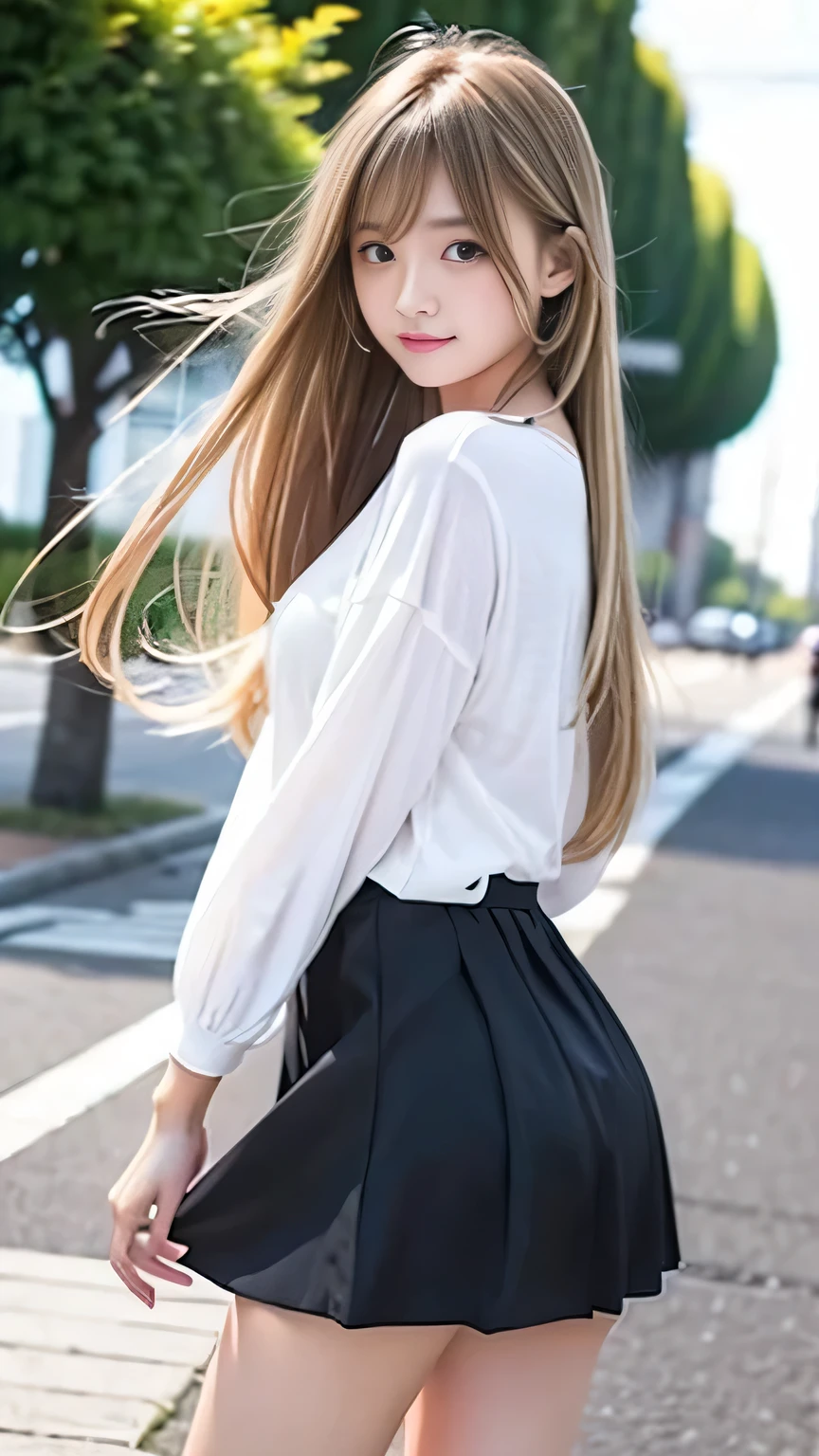 Sexy Big 、Sexy cute looks and cute beautiful girl, beautiful and sexy face、A strong wind blows my hair in front of my face、With straight blonde hair、beautiful, Cute and sexy eyes hidden behind long bangs、Micro Mini Skirt