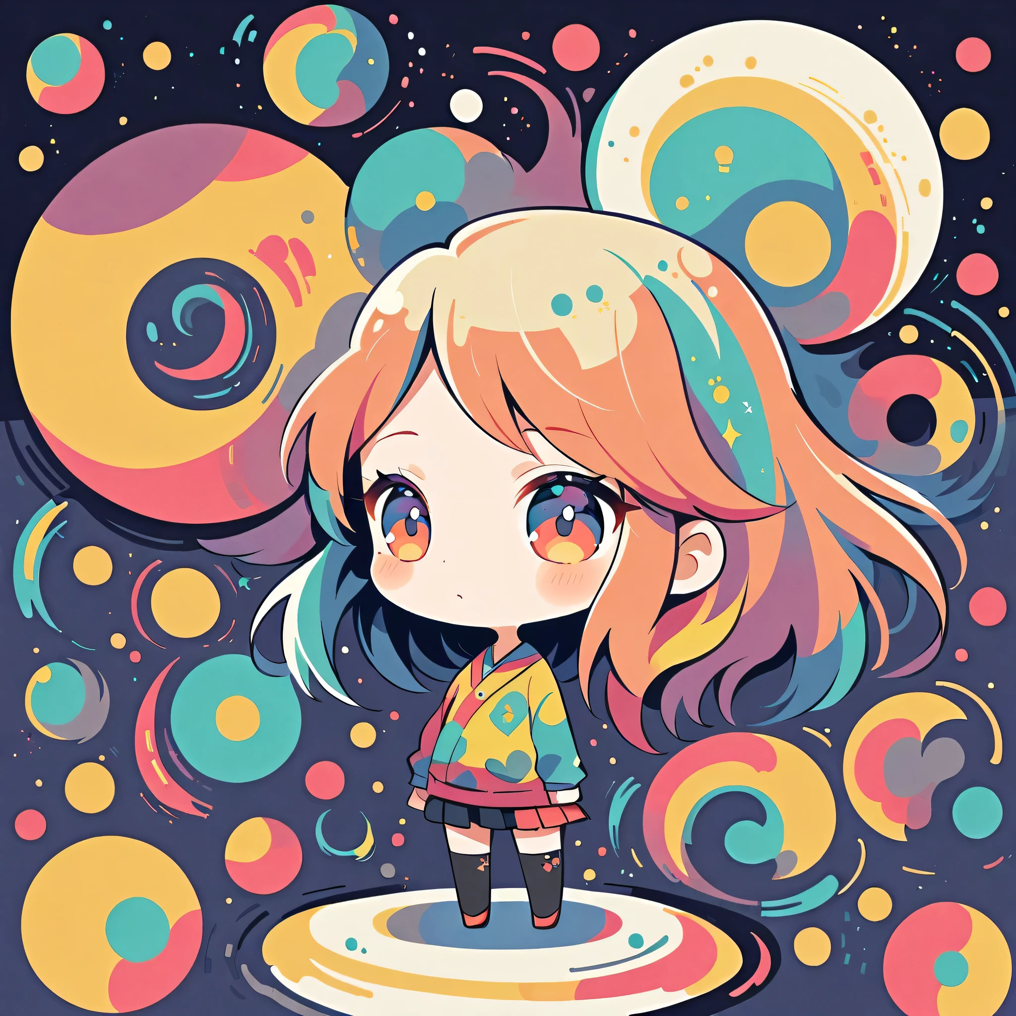 Watase Seizo style, Standing in front of a high wall,Simple Line Initialism,Abstract art,galactic universe Background, (((The most beautiful girl))), (((chibi)))