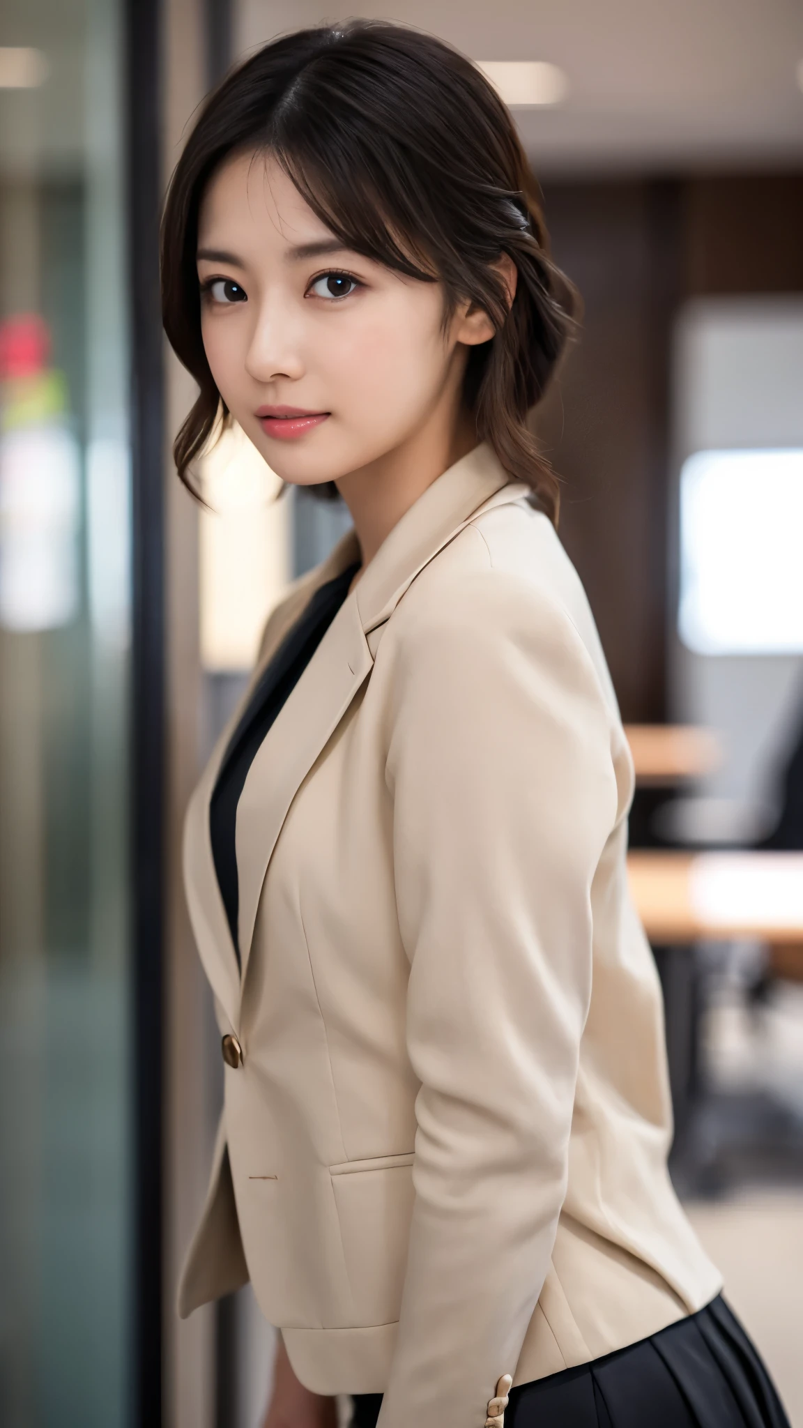 最high quality, masterpiece, 1 girl, Beautiful Face, (Photorealistic photography:1.3), Rim Light, (Skin with attention to detail:1.2), 8k UHD, Digital SLR, high quality, High resolution, 4K, 8k, Bokeh, (Genuine: 1.3), Small face, pretty girl, Black Formal Blazer, Mid-breasted, Short skirt,office
