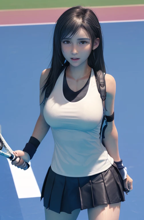 (((Two 16-year-old female students in tennis wear)))、Long Straight、(My whole body is soaked and sweaty)、(Her nipples and pussy are visible through her clothes and panties)(Crab crotch opening)