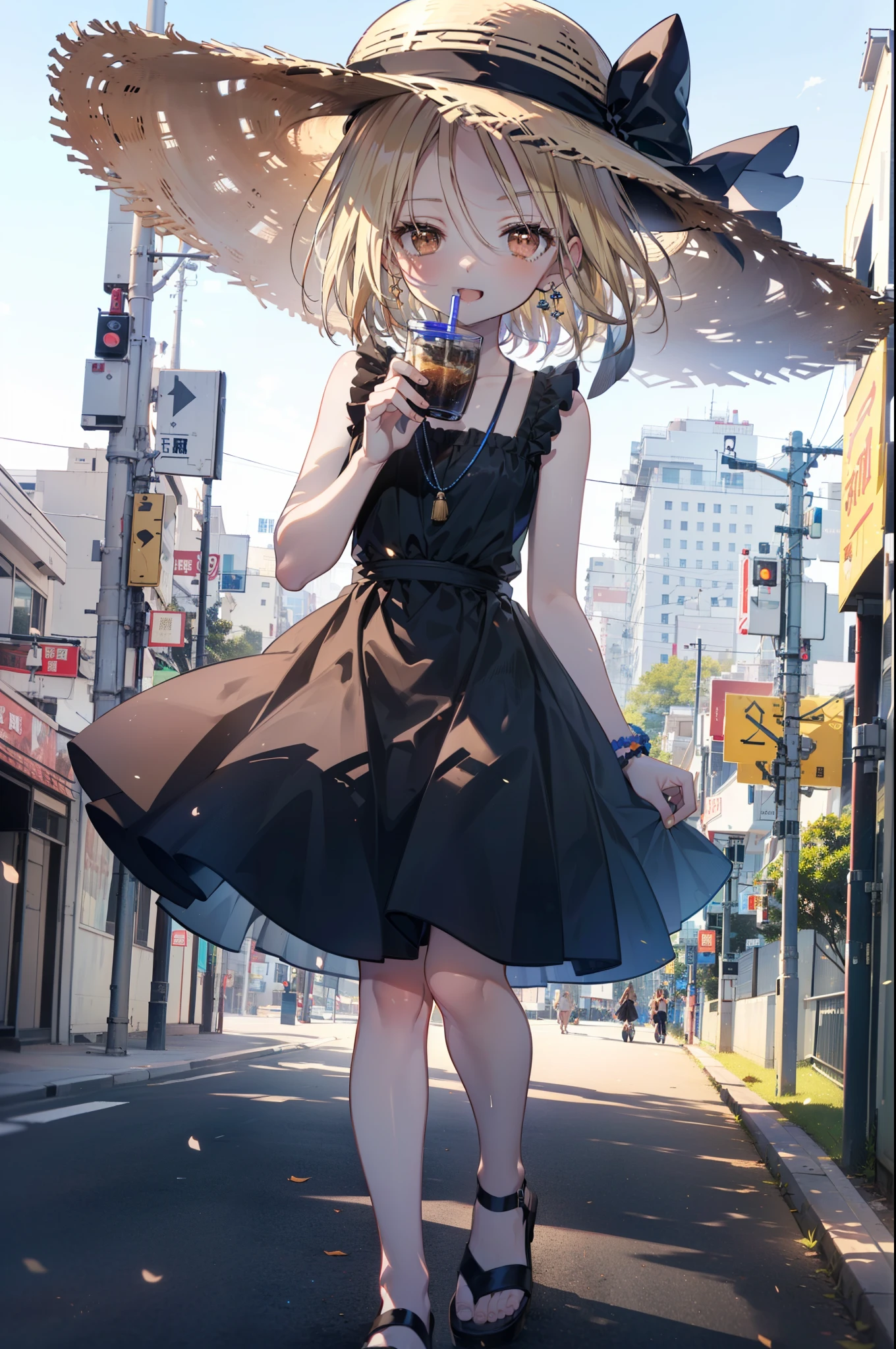 Anime girl in a black dress and hat walking down a street - SeaArt AI