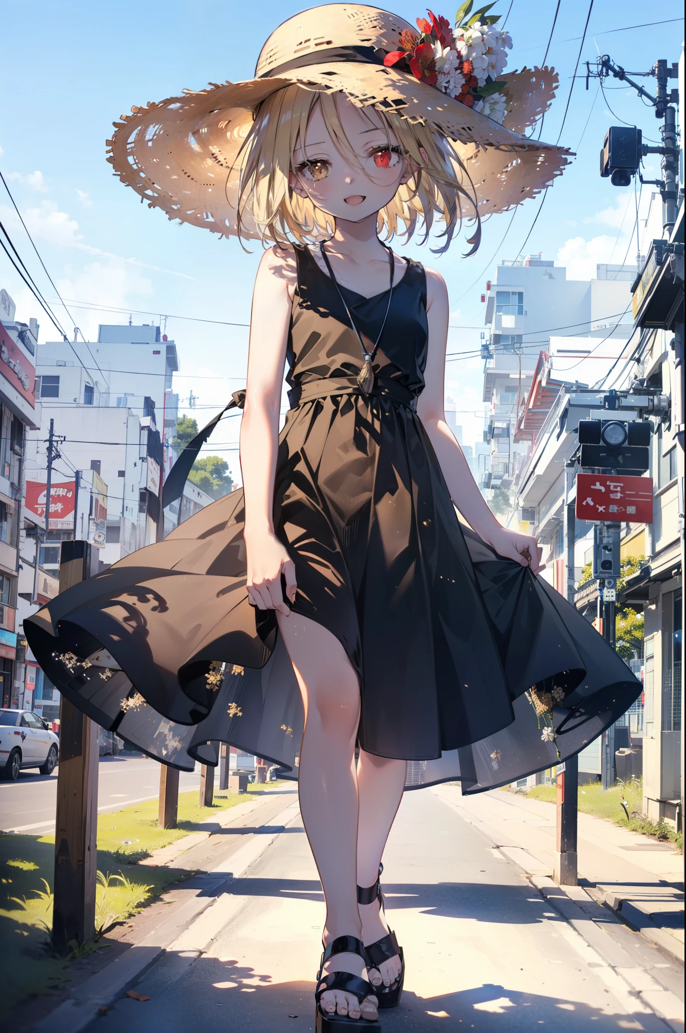 (annakyouyama, anna kyouyama, Blonde Hair, short hair, (Brown eyes:1.7),happy smile, smile, Open your mouth,Big straw hat,Black sleeveless dress,Long skirt,Cute Sandals,Daytime,Clear skies,Walking,
壊す looking at viewer, whole body,
Destroy outdoors, Building district,Destroy the coastal road (masterpiece:1.2), highest quality, High resolution, unity 8k wallpaper, (shape:0.8), (Fine and beautiful eyes:1.6), Highly detailed face, Perfect lighting, Highly detailed CG, (Perfect hands, Perfect Anatomy),