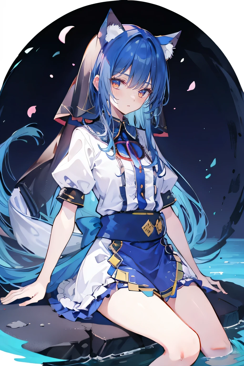 (masterpiece:1.2),Extremely detailed,Practical,expressive eyes,Fair skin,Perfect face shaping,1 Girl,
Japanese cartoons,Gorgeous blue hair, the long flowing blue hair,Floating clothes,Cat ears,Petals fall,beautiful lola,Young Angel,
Place your hands on your waist,sit elegantly on the ground,Cross your legs,Gentle and peaceful background,stately church,nun,lie on the water.