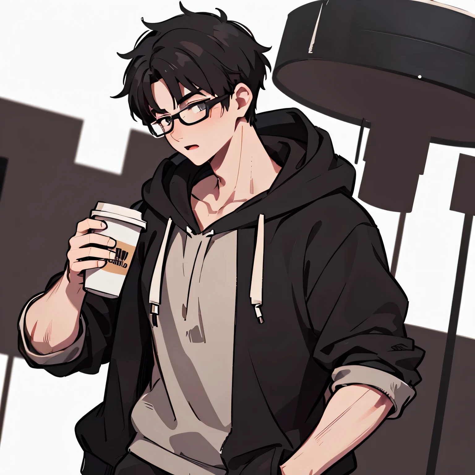 a 20 years old male, tall, buff, mature looks, single man, 1 man, black haired, nerd, hoodie, holding a cup of coffee, 1male