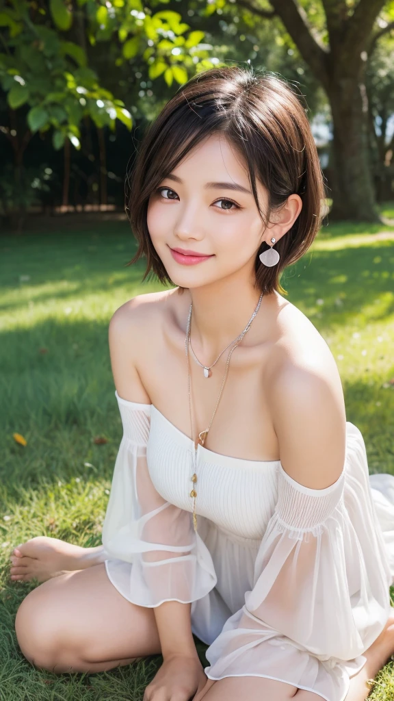 (8k, Photorealistic, Raw photo, Highest quality: 1.4),Japanese idol style１Beautiful girl of the person,18-year-old,Short Bob,Silver Hair,Hang your hair over your ears,Wearing shell earrings in her ears,Big, clear grey eyes,Long eyelashes,Tear bags,There is a blackhead under the left eye,Plump Cheeks,Pink lip gloss for glossy, plump lips,Smiling with the corners of his mouth turned up,A short pendant hangs around her neck.,She is wearing an anklet on her left ankle.,barefoot,She is wearing an off-the-shoulder white dress,sitting on the grass under a tree in the park,Leaning against a tree,She has the book on her lap,She is surrounded by the gentle sunlight filtering through the trees.,Bust top portrait