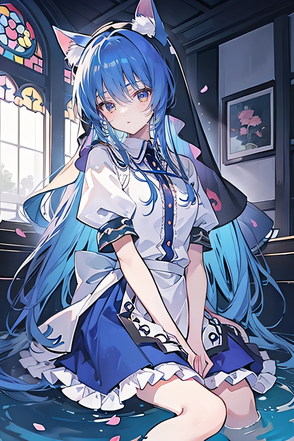 (masterpiece:1.2),Extremely detailed,Practical,expressive eyes,Fair skin,Perfect face shaping,1 Girl,
Japanese cartoons,Gorgeous blue hair, the long flowing blue hair,Floating clothes,Cat ears,Petals fall,beautiful lola,Young Angel,
Place your hands on your waist,sit elegantly on the ground,Cross your legs,Gentle and peaceful background,stately church,nun,lie on the water. 