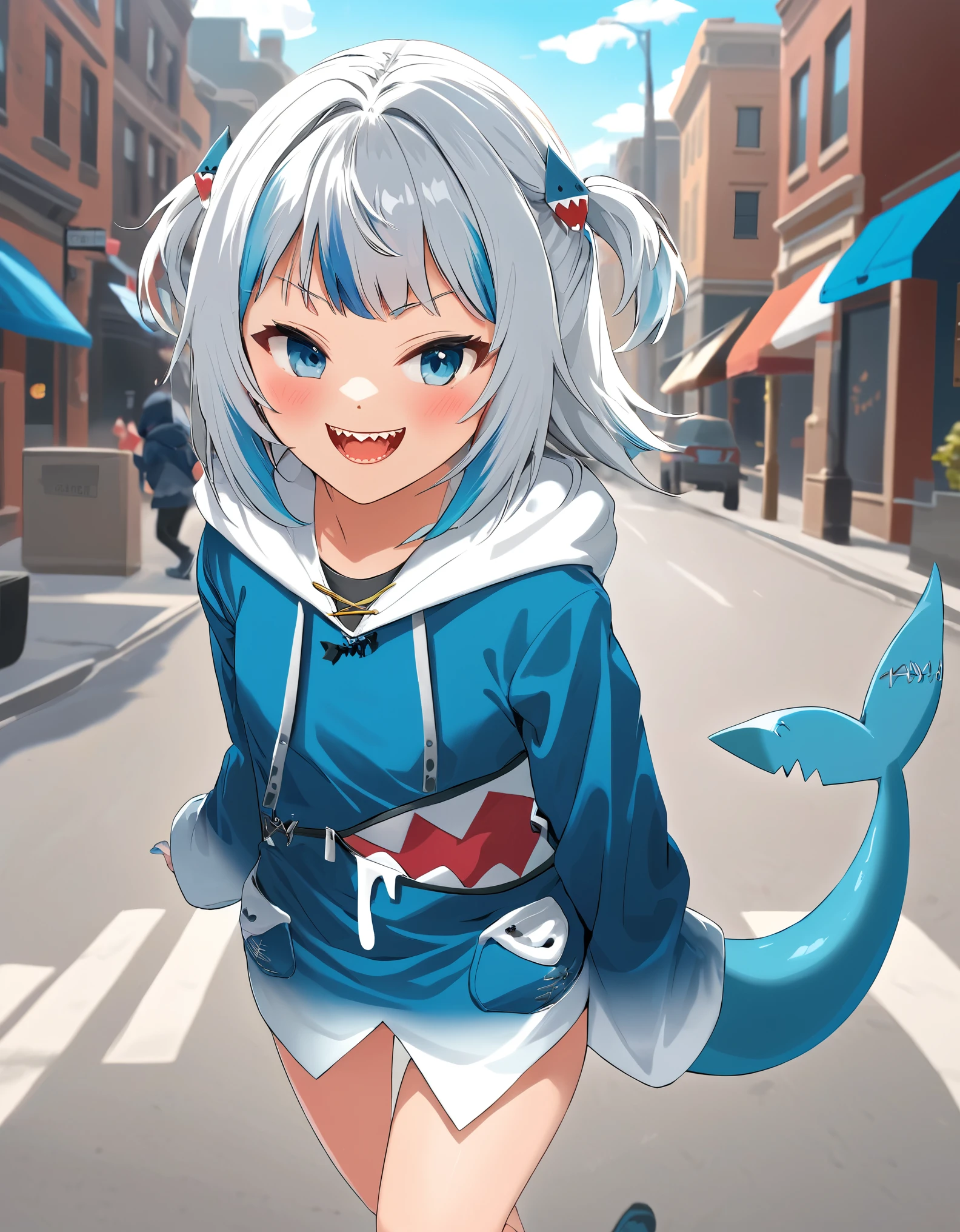 gawr gura, teeth, solo, tail, sharp teeth, shark tail, shark girl, hood, looking at viewer, hoodie, smile, blush, open mouth,  hair ornament, walking on a city street at daytime,  blue nails,