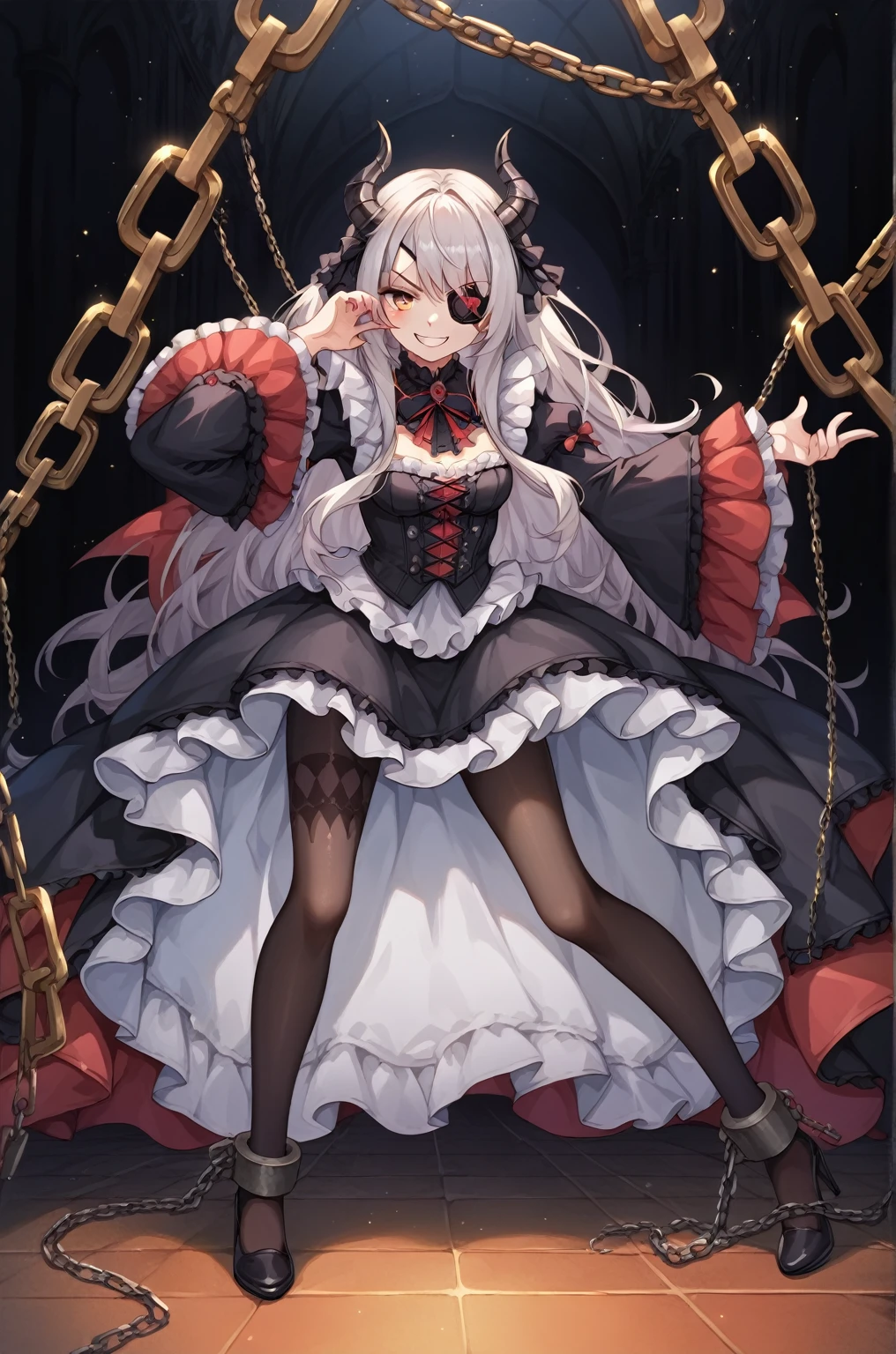 score_9, score_8_up, score_7_up, source_anime,masterpiece, best quality, high resolution, extremely detailed CG, absurdres, 1girl, solo, a cool girl in Gothic ta costume posing in palace, miniskirt, frills, black and red outfit, ((black_tights)), (single eyepatch), heels, (V-shaped eyebrows, grin), hand on face, hands open, spread legs, stands on floor, ruby👁️‍‍🗨️,white_hair, ((two_sides_up)), horns, tied with chains, many chains in background, dark_background, black palace, midnight, indoors, (extremely detailed background:1.6)