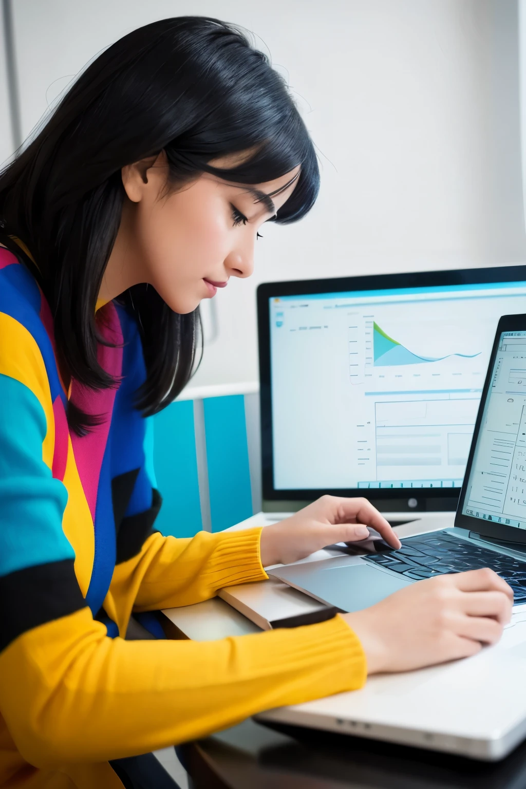 "A vibrant and colorful profile icon of a friendly black-haired woman analyzing data on a laptop. The composition should be square-shaped, suitable for social media use, with striking and memorable colors."
