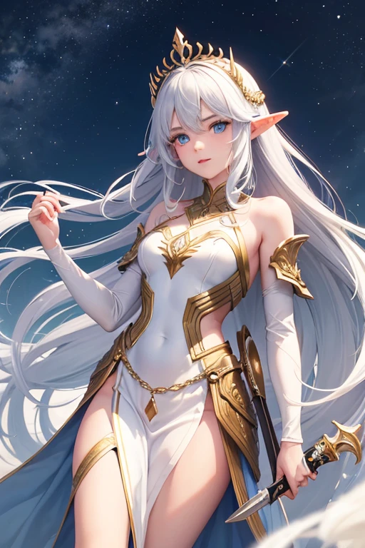 (Best quality, 4k, 8k, highres, masterpiece:1.2), ultra-detailed, ((Bishoujo girl)), ((Petite and adorable elf girl with face and big eyes)), ((White pink hair with very long messy hair and crystal hair ornament,)), ((full body)), ((stand pose)), ((((Crystal earrings, Brown poncho, White atelier, crystal accessories)))), ((Gladiator sandals with high strap)), ((Small body with big tits and thighs)), (((Fantasy))), (((Small body with big tits))), ((((Holding a bronze hammer)))), ((fully detailed)), illustration, (Original Character, Unity 16K Wallpaper, masterpiece, Best Quality, Ultra-detailed, extremely details CG, Caustics, Cinematic lighting, Detailed, Beautiful detailed eyes, Solo, Oily skin), Ultra High Resolution, Fine skin, (Strong lights), ((Brighten the subject)),