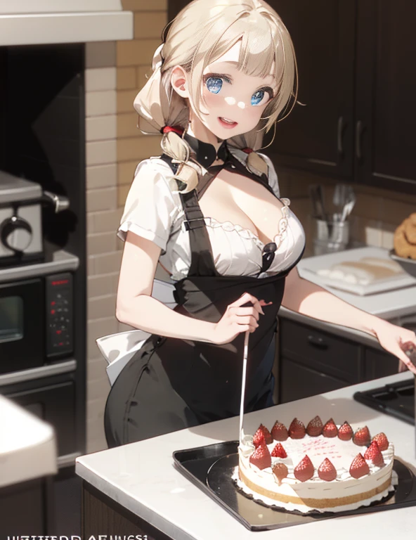 (dynamic angle:1.3, front view:1.1, breast focus:1.3, from above:1.1), (dynamic posing:1.2, sexy posing:1.2), (seductive smiling:1.3), ((looking at cake,Taking a cake out of the golden oven, worried about the outcome:1.2)),highest quality、(real、photorealistic:1.4),(ultra high resolution, 8K RAW photo, clear focus), best qualtiy, natural lighting, field depth, (Bright pupils, detailed beautiful eyes, high detailed face), Red lip, (tight focus:1.2), a girl 22yo old, Wearing a pastry chef uniform:1.3 , Thicc, thin breast, long hair, blue eyes,a pastry pretty girl:1.1, (highly detailed beautiful face and eyes,small breasts),real skin,((black,hair,long pony tail hair)),thin pubic hair,cute,lovely, detailed eyes,(double breasted:1.0,under bust:1.0),(with sparkling eyes and a contagious smile),open mouth, Looking at Viewer,A scene of cooking in the kitchen with the oven made by goldden