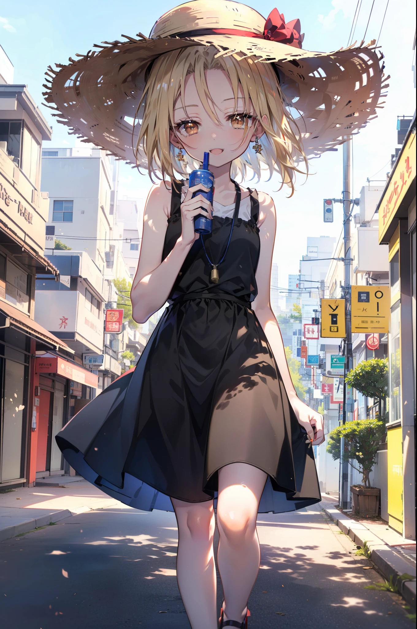 (annakyouyama, anna kyouyama, Blonde Hair, short hair, (Brown eyes:1.7),happy smile, smile, Open your mouth,Big straw hat,Black sleeveless dress,Long skirt,Cute Sandals,Daytime,Clear skies,Walking,
壊す looking at viewer, whole body,
Destroy outdoors, Building district,Destroy the coastal road (masterpiece:1.2), highest quality, High resolution, unity 8k wallpaper, (shape:0.8), (Fine and beautiful eyes:1.6), Highly detailed face, Perfect lighting, Highly detailed CG, (Perfect hands, Perfect Anatomy),