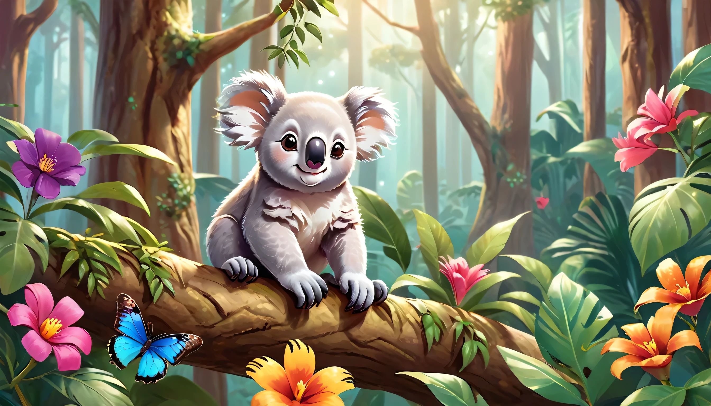 "Generate a captivating background scene filled with vibrant colors and enchanting elements, featuring a playful and mischievous Dreaming in the treetops,. Show the koala in its natural habitat, surrounded by lush foliage, towering trees, and a lush jungle landscape. Add whimsical details like sparkling sunlight filtering through the leaves, colorful flowers, and other jungle creatures, such as parrots and butte