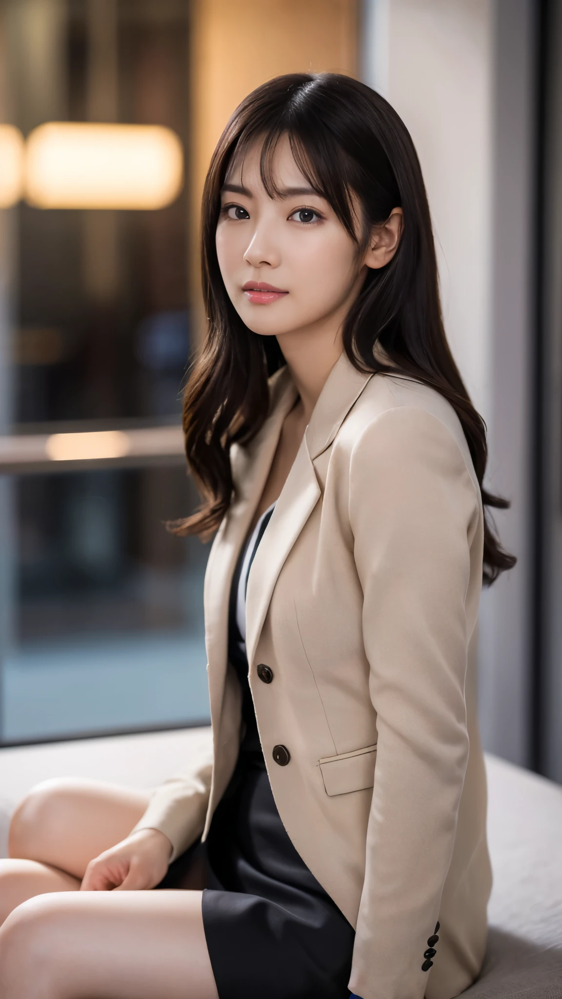 最high quality, masterpiece, 1 girl, Beautiful Face, (Photorealistic photography:1.3), Rim Light, (Skin with attention to detail:1.2), 8k UHD, Digital SLR, high quality, High resolution, 4K, 8k, Bokeh, (Genuine: 1.3), Small face, pretty girl, Black Formal Blazer, Mid-breasted, Short skirt,office
