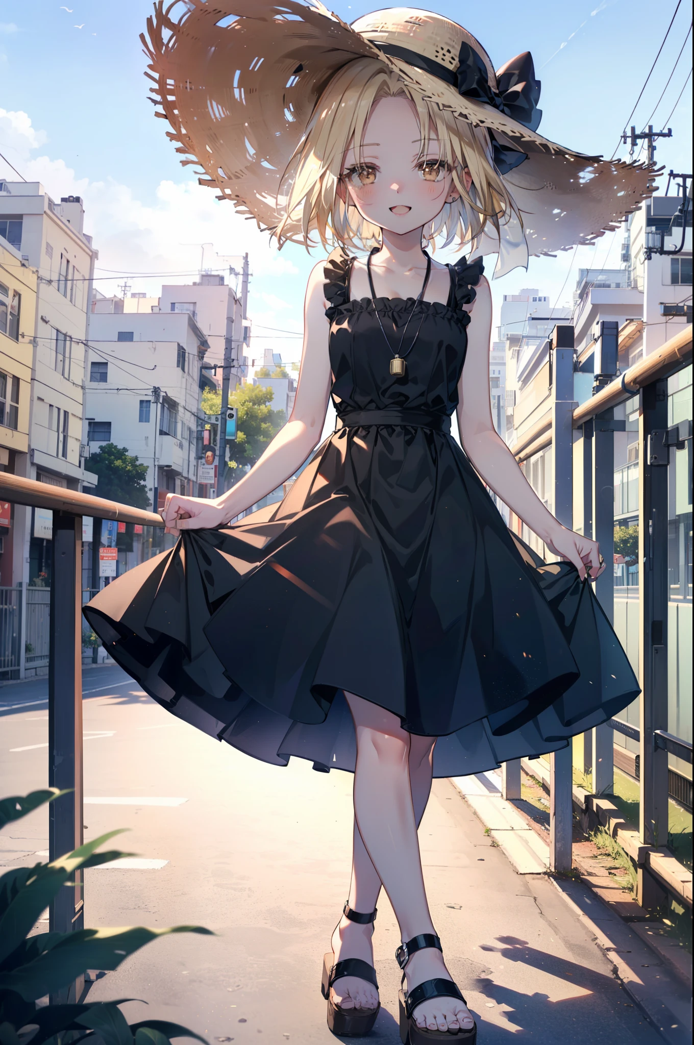 (annakyouyama, anna kyouyama, Blonde Hair, short hair, (Brown eyes:1.7),happy smile, smile, Open your mouth,Big straw hat,Black sleeveless dress,Long skirt,Cute Sandals,Daytime,Clear skies,Walking,
壊す looking at viewer, whole body,
Destroy outdoors, Building district,Destroy the coastal road (masterpiece:1.2), highest quality, High resolution, unity 8k wallpaper, (shape:0.8), (Fine and beautiful eyes:1.6), Highly detailed face, Perfect lighting, Highly detailed CG, (Perfect hands, Perfect Anatomy),