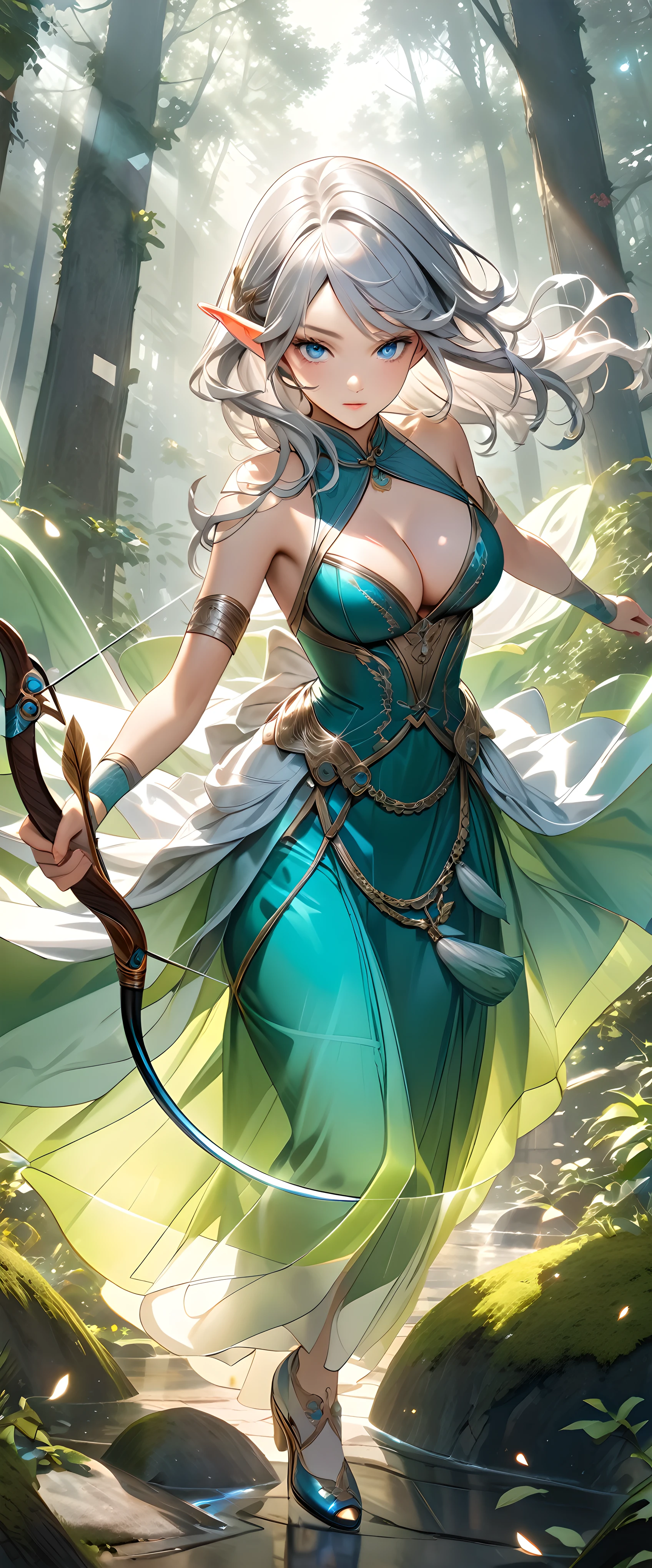Full color, (transparency:2.0), 
BREAK Ultra-realism, Detailed and realistic skin texture, Detailed and intricate texture, Detailed and intricate brushwork, Detailed and clear depiction, Transparent depiction, aesthetic, 
1girl, alone, (Strong-willed, sexy, cute, adult), 
((Elf)), Attractive looks, Very beautiful and young々New Appearance, Adult sex appeal, Guardian of the Forest, Fairy, goddess, Neat and cute, 
((Shooting arrows at the viewer, Magical Bow and Arrow)), Realistic and accurate movements, Spirit Magic, 
Seductive blue eyes, Strong and fleeting, (Aesthetic and transparent:1.5), (Glossy feel:1.5), 
Glamorous silver hair, Scattering light factors, 
BREAK [hunter|Wizard], An attack that captivates the crowd, 
BREAK (I can see her cleavage, The suppleness of silk, Silk luster, silk texture), 
BREAK Full color, (transparency:2.0), 
BREAK ((Luxurious and luxurious clothing, Sleeveless)), Transparent blue-green gradient, Alluring, (The transparency of the costume:1.3), 
BREAK Strong vigilance, 
BREAK (Add layers of transparency:2.0), (Indifference, kind, aesthetic), 
BREAK Highest Quality, Highest Resolution, Detailed and crisp image quality, 16k, Historical religious painting, Germanic mythology, fantasy art, Surreal, 
Dynamic wide full body shot, ankle in of frame, 
BREAK Movie lighting effects, Transparent light, Mysterious Light, Fantastic Fog, 
BREAK ((fantastic, holographic)), (Detailed and transparent depiction, transparency:1.6), 
BREAK Ultra-realism, Ultra-high resolution, Use all kinds of effects to captivate your audience, Transparent and fantastical image, Emphasizing the subject&#39;s presence, 
BREAK Removes excess noise, (Add layers of transparency:2.0), (Indifference, kind, aesthetic), 
BREAK Re-drawing into a clear and vivid work, Rendering with transparent layers, 
