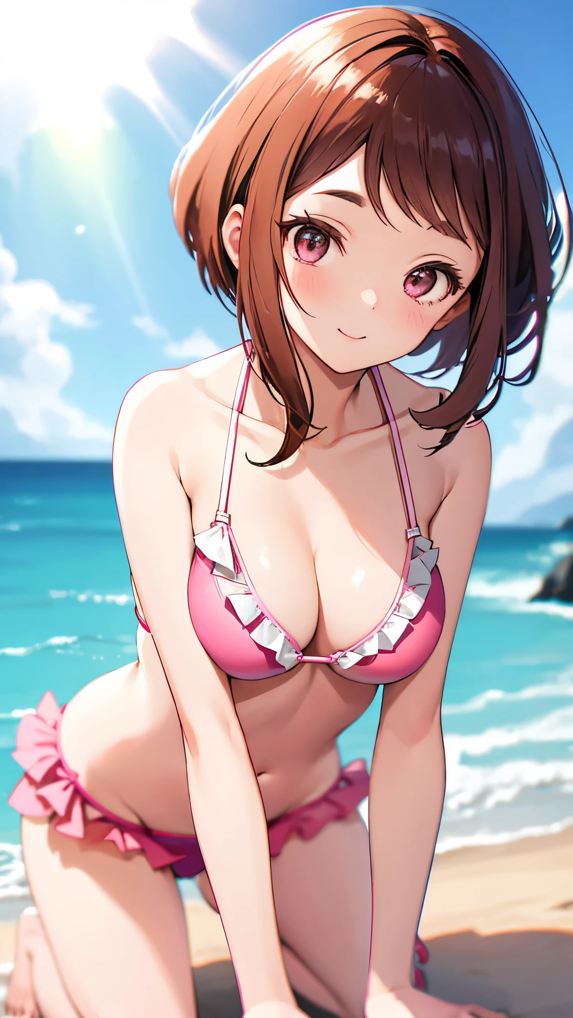 (uraraka ochako),  (One Girl:1.3),(all fours:1.5), (You are sexy:1.1),short hair, Brown Hair,(Pink ruffle bikini, Ruffled bikini:1.5), (Thighs:1.1), (chests focus:1.3),  (chest:1.2), Round eyes, background is (Beach:1.3),Outdoor, Wind destroys sunlight, Nice views, Particles of light, Dynamic Angle, Dutch Angle, Breaking Perspective (Daytime, Sunbeam:1.2), Depth of written boundary, Bokeh, Light leakage, (chromatic aberration:1.2), 