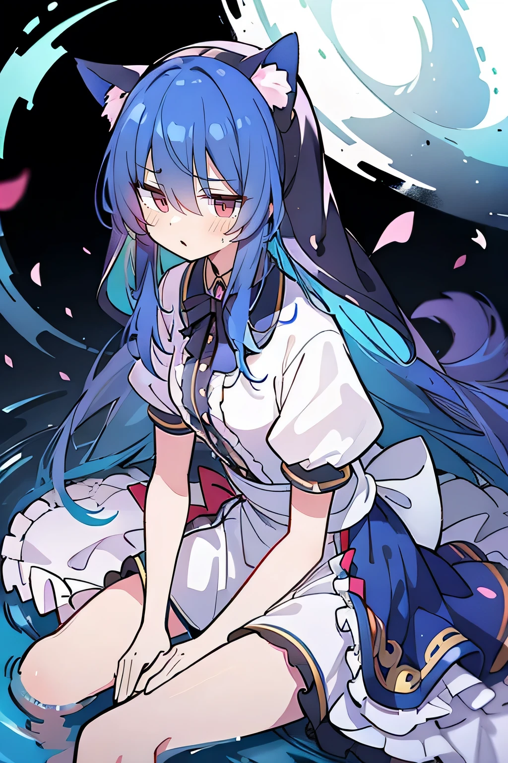 (masterpiece:1.2),Extremely detailed,Practical,expressive eyes,Fair skin,Perfect face shaping,1 Girl,
Japanese cartoons,Gorgeous blue hair, the long flowing blue hair,Floating clothes,Cat ears,Petals fall,beautiful lola,Young Angel,
Place your hands on your waist,sit elegantly on the ground,Cross your legs,Gentle and peaceful background,stately church,nun,lie on the water.