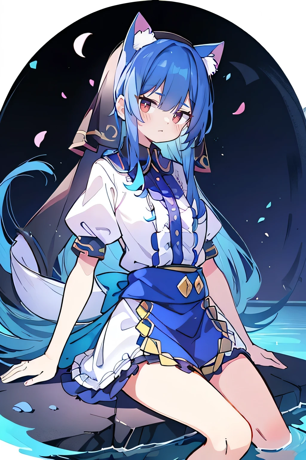 (masterpiece:1.2),Extremely detailed,Practical,expressive eyes,Fair skin,Perfect face shaping,1 Girl,
Japanese cartoons,Gorgeous blue hair, the long flowing blue hair,Floating clothes,Cat ears,Petals fall,beautiful lola,Young Angel,
Place your hands on your waist,sit elegantly on the ground,Cross your legs,Gentle and peaceful background,stately church,nun,lie on the water.