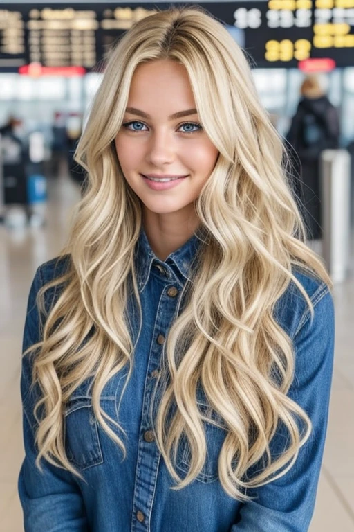 1 fille dans, 24 ans, Seulement, Long wavy hair, Colossal , long messy and windy blonde hair, at the airport, regardant la caméra, sourire, cheveux blond, Tout le corps, (fond d&#39;extremely detailed 8K display), soft lighting, High quality, Grains de films, Mise au point nette du Fujifilm XT3, f5.6, 50mm, high detail, Sharpness,(natural light), (attractive), in a swimsuit next to and in a swimming pool
