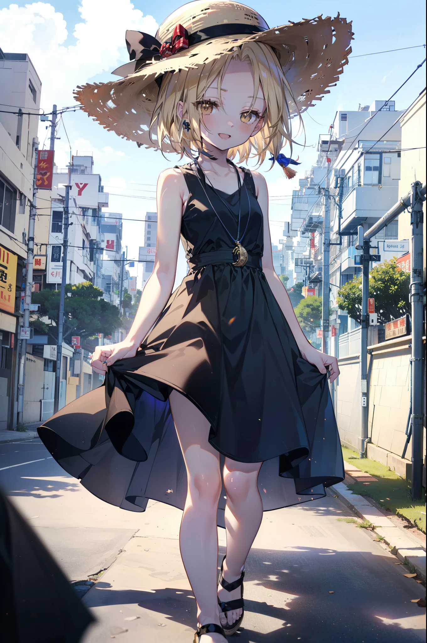 (annakyouyama, anna kyouyama, Blonde Hair, short hair, (Brown eyes:1.7),happy smile, smile, Open your mouth,Big straw hat,Black sleeveless dress,Long skirt,Cute Sandals,Daytime,Clear skies,Walking,
壊す looking at viewer, whole body,
Destroy outdoors, Building district,Destroy the coastal road (masterpiece:1.2), highest quality, High resolution, unity 8k wallpaper, (shape:0.8), (Fine and beautiful eyes:1.6), Highly detailed face, Perfect lighting, Highly detailed CG, (Perfect hands, Perfect Anatomy),