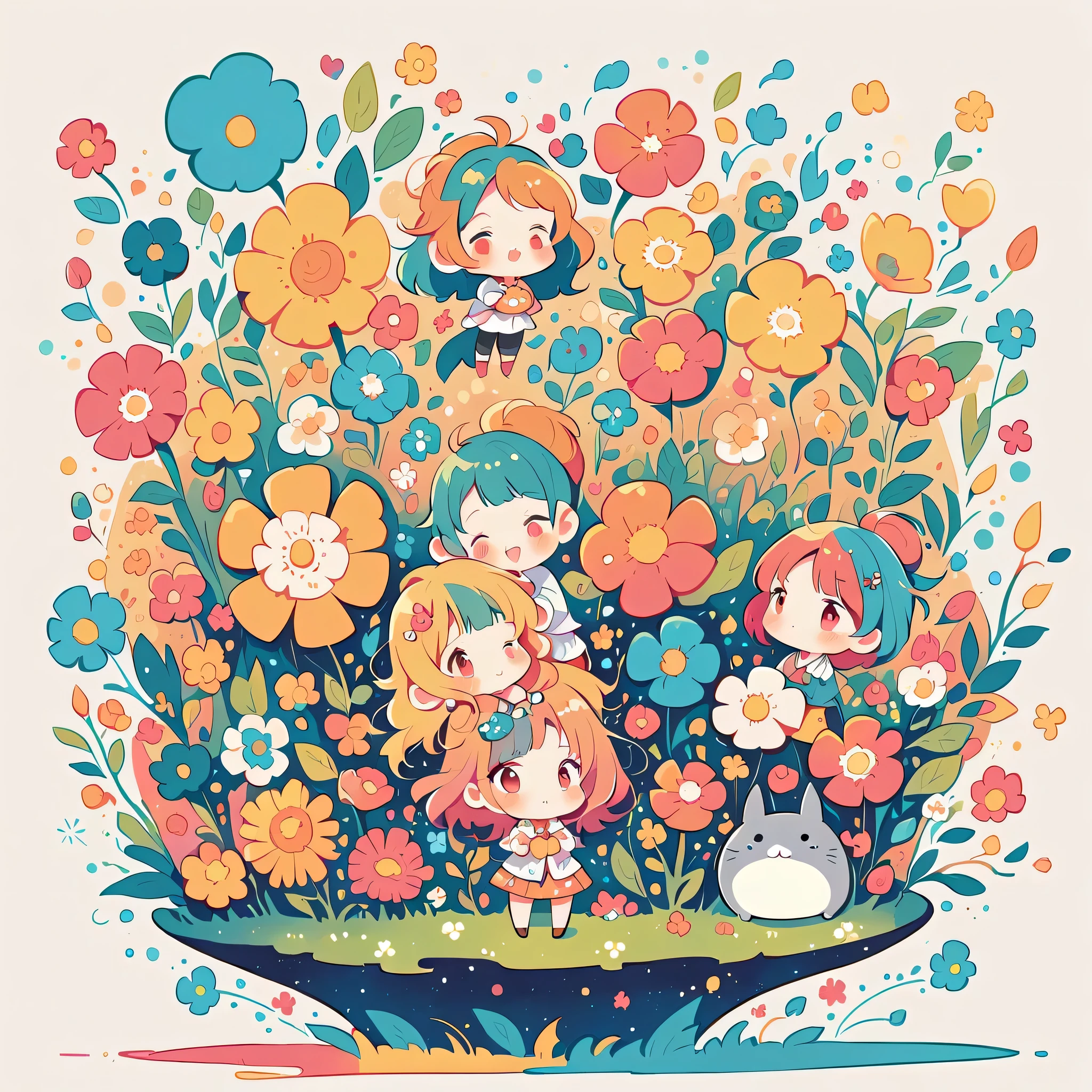 Watase Seizo style, Standing in front of a high wall,Simple Line Initialism,Abstract art, (((The most beautiful girl))), (((chibi))), colorful flowers, Totoro Forest