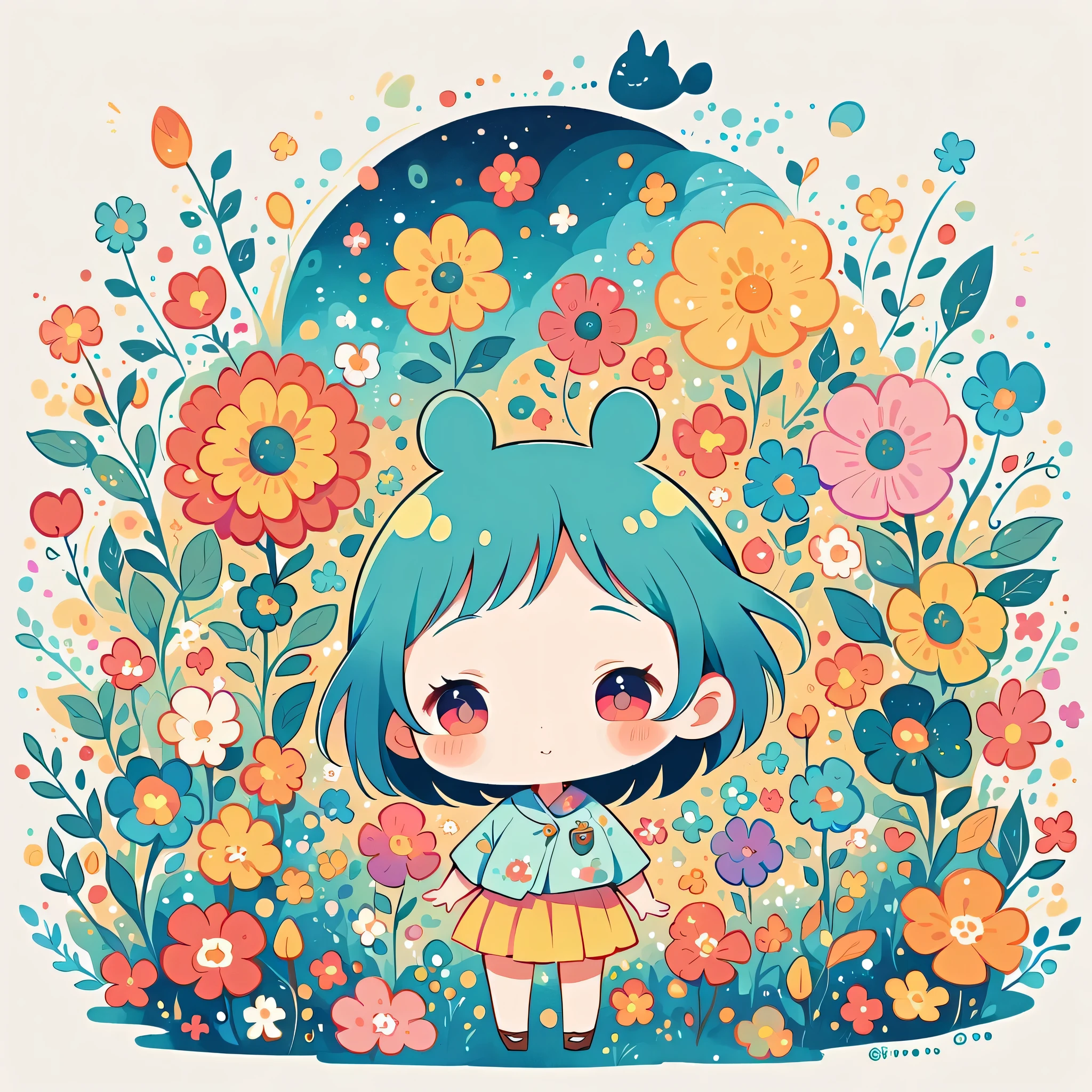 Watase Seizo style, Standing in front of a high wall，Simple Line Initialism，Abstract art, (((The most beautiful girl))), (((chibi))),  colorful flowers, Totoro Forest