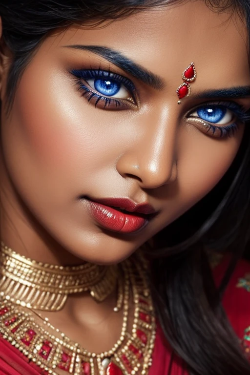 detailed indian woman face looking at the camera, blue eyes, hot thick red lips, mouth parted with sensuality, correct deformed fingers, photorealistic, sharpened eyes