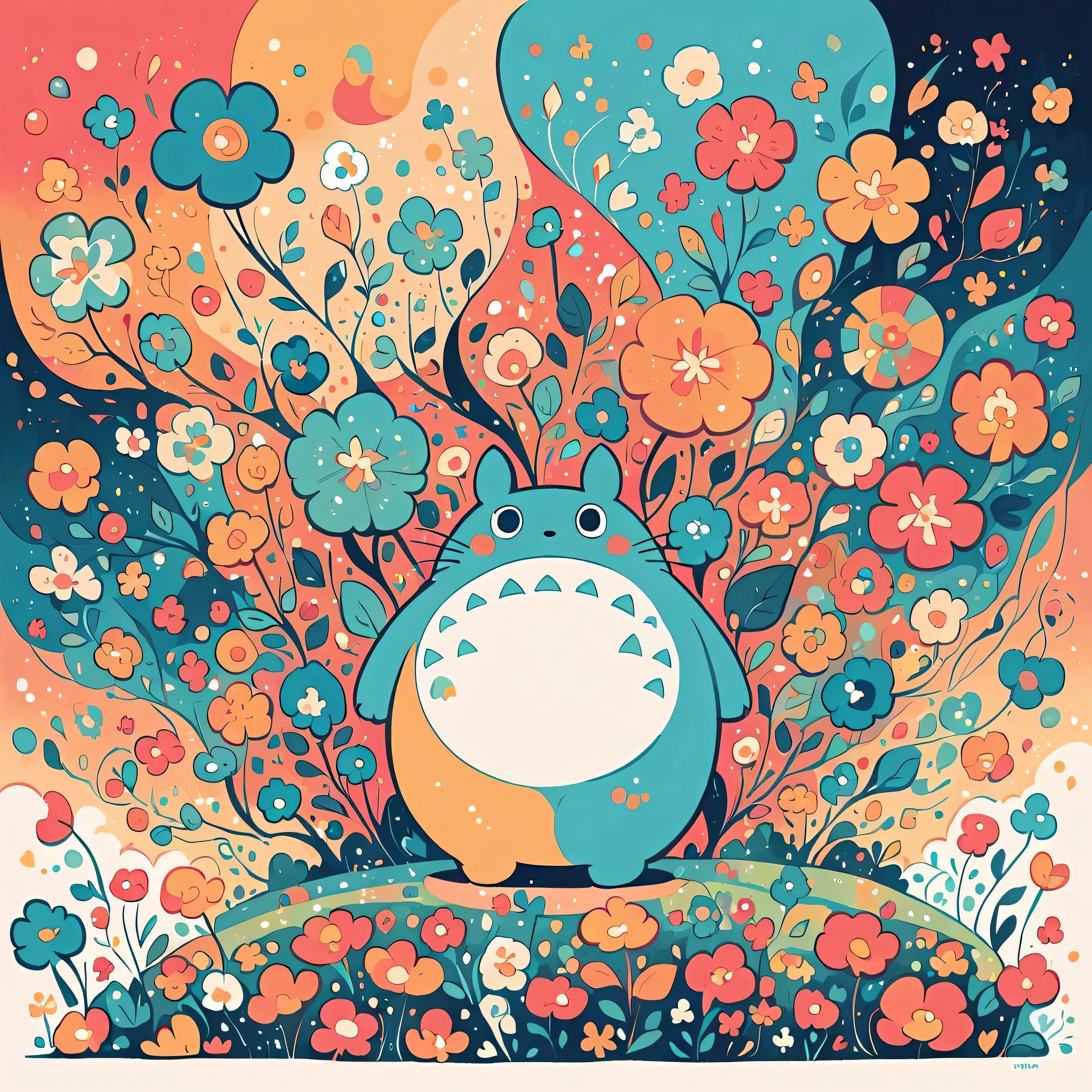 Watase Seizo style, Standing in front of a high wall,Simple Line Initialism,Abstract art, (((The most beautiful girl))), (((chibi))), colorful flowers, Totoro Forest