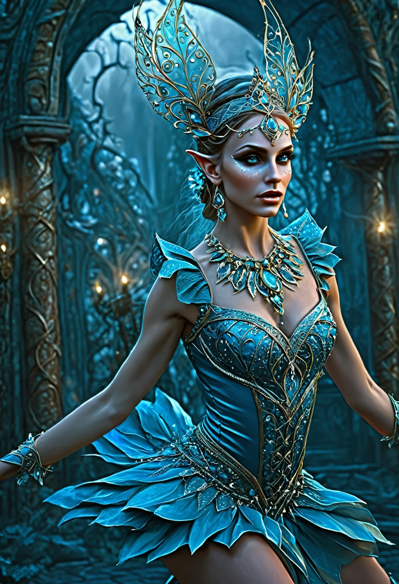 masterpiece, best quality, super fine image, 32K, perfect facial features, hyperrealistic, beautiful intricate details, hyperrealistic, a degnified beautiful elegance Elf dancer, beautiful detailed decorated dynamic pose, mystical detailed facial features, complex intricate background, chaos composition, never before, incredible elegance in gloom,