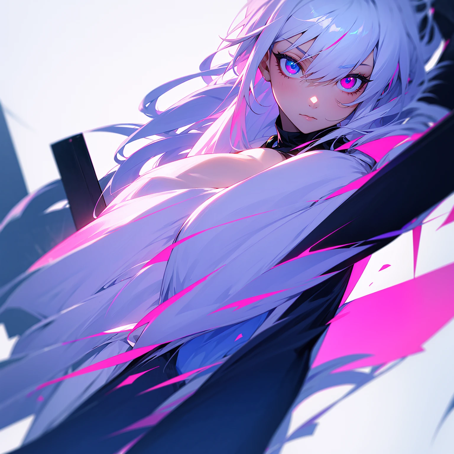 She has long, white hair and pink and blue heterochromatic eyes.