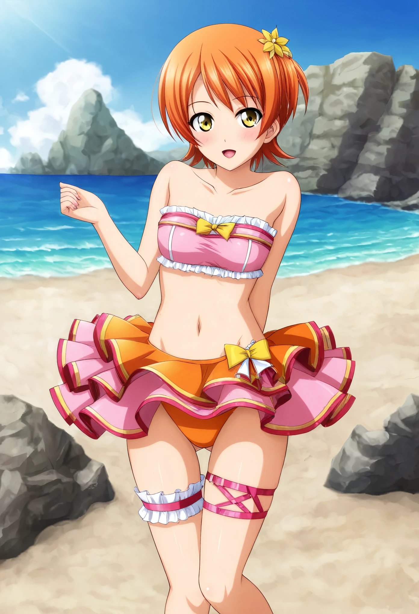 Masterpiece, best quality,Hoshizora rin, cowboy shot,solo ,yellow eyes, short hair, orange hair, looking_at_viewer, blush,skirt bikini,frills,pink tube top , beach, thigh strap