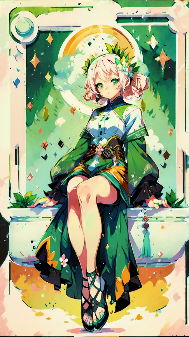 tarot card, trading card style, ((highest quality)), ((masterpiece)),High resolution (High Dynamic Range),Ray tracing, Super Resolution, (((anime screencap, black outline, Written boundary depth , written soft outline))), blur, bokeh, Maximum clarity and sharpness,Multilayer Texture,surface shading,Accurate simulation of light-matter interactions,Perfect Proportions,Two-tone lighting, White balance,8K, limit only one woman, BREAK beautiful hair, Beautiful Face, Beautiful and beautiful eyes, Beautiful body, Beautiful breasts, Beautiful thighs, Beautiful feet, Beautiful fingers, (Beautiful views) , breast enlarged, large breast, perky tits, (blush, 20 years, seductive adult woman , anime gyaru , Narrow eyes) , streaked hair, hair intakes, colored inner hair, BREAK (light green,white,light pink, spring-color-outfit:1.3), nail art, necklace, braidal ring wearing glasses, wearing a watch BREAK (((portrait, close up, cowboy shot, looking at viewer, \(face waiting for kiss\):1.3))), BREAK (sitting, a girl makeup In front of vanity table Mirror:1.3, natural make),BREAK splash ink