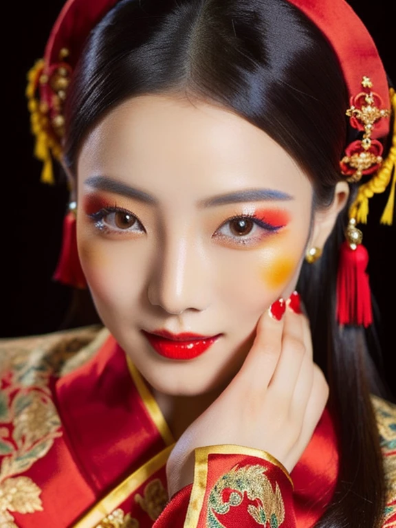 Close-up photo of a woman Wearing traditional Chinese clothing, close-up of a woman wearing black and red clothing, silk velvet Silk velvet, blue, gold, yellow, orange, expensive silk., Acting with different gestures,