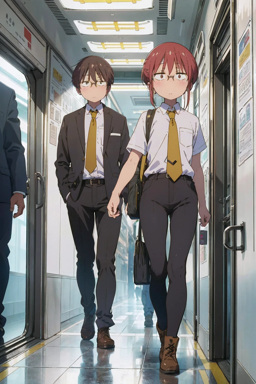 absurderes、​masterpiece、top-quality、Kobayashi,1 girl, white shirt, yellow tie, black pants,short sleeves、office boots, tired, flat chest, Highly detailed body lines, in public metro, underground carriage, standing, front view, many male around, closely