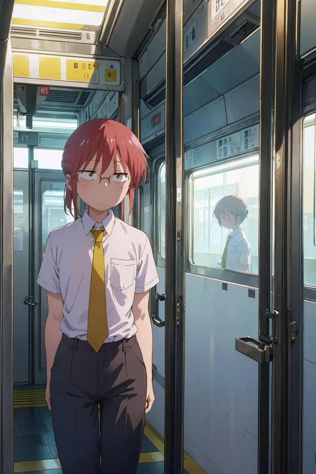 absurderes, solo, masterpiece、top-quality、Kobayashi,1 girl, white shirt, yellow tie, black pants,short sleeves、office shoes, tired, flat chest, Highly detailed body lines, in a subway car, sitting, front view, night, spread legs, hand on chest, hand between legs, wet, shy,