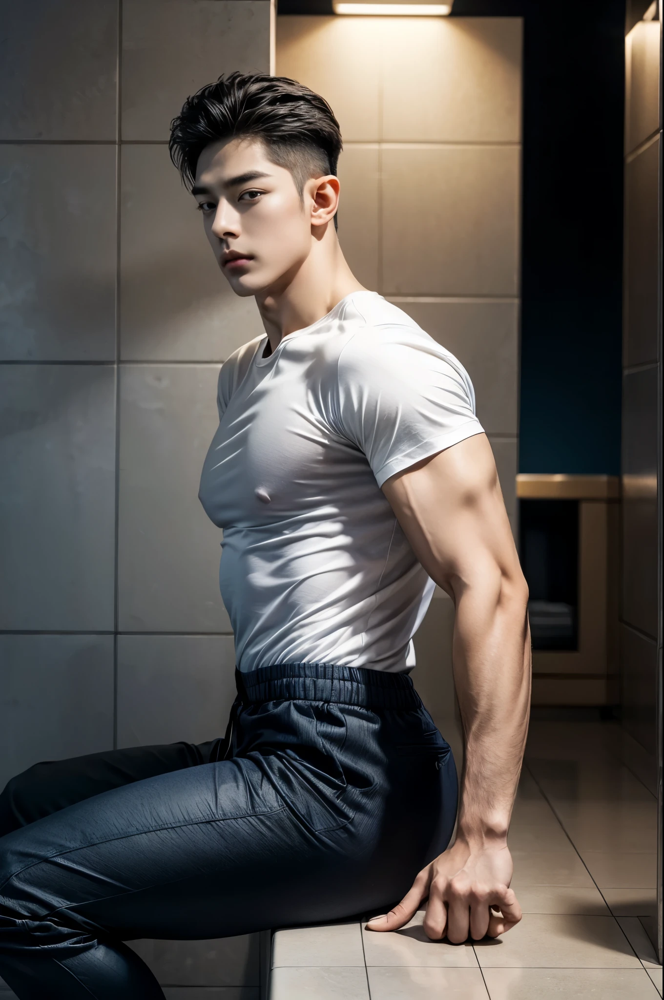 20-year-old boy ,Korean handsome young sexy male officer ,Thin mustache...,handsome ,Wear uniform shirt...............,beige dark blue tight trousers, ,((unrealistic super big tight butt wearing pants))............................. Black boots and dark navy gloves.,sit on the ground , His legs spread apart sitting on the ground................................, Police Logo ,tight breasts ,Muscle Man , ((The arm muscles are very large...................)) ,large , Wide shoulders ,open legs, head turn slightly to looking back to the camera, rear shot.......................................... high angle looking down...............,Sexually suggestive, (Dynamic Poses:1.1) , thights , (Embossed Focus:1.2),On your knees........................., empty toilet cubicle at night, Best qualtiy , Wide lens from far ,deep depth of field ,Bokeh background