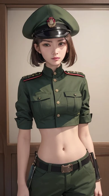 muste piece, best quality, (highest quality、8K、masterpiece:1.3)、ultra high resolution、Physically based rendering、(photorealistic：1.37)、beautiful woman with perfect body:1.4、slim abdomen:1.2、Highly detailed face and skin texture、 red cheeks、white skin、thin waist,thin legs、highest quality,very beautiful 12 year old girl, (cute:1.2),perfect shiny skin,((Precise hands without any discomfort)), brown hair,(short bob hair),(((Tattered and ripped long-sleeved camouflage uniform)))、((I see Cheb))、((Dirty face and body))、((stand in the wilderness))、((army))、((I can see the nipples))、((private parts visible))