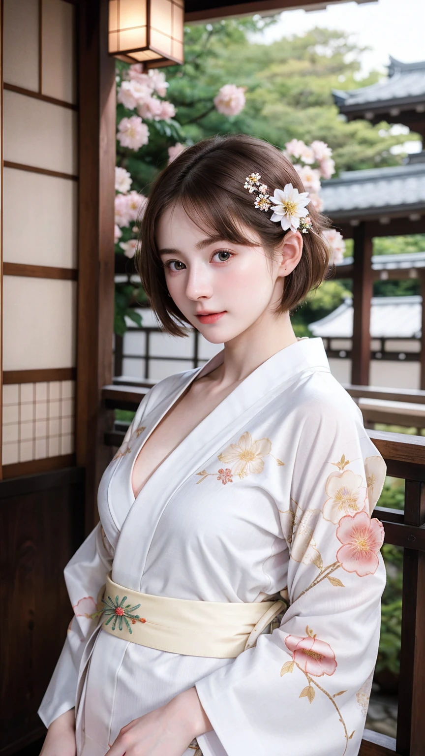 ((best quality)), photorealistic, photorealism, Photorealistic, high resolution, Beautiful, , 20 Years Old, White Skin, pale skin, medium breast, seductive pose, dynamic pose, looking at the camera, (Detailed face), short hair, sexy body, (wearing japanese kimono), (japanese flowers motif kimono), Fingers are occluded, bokeh, cafe background