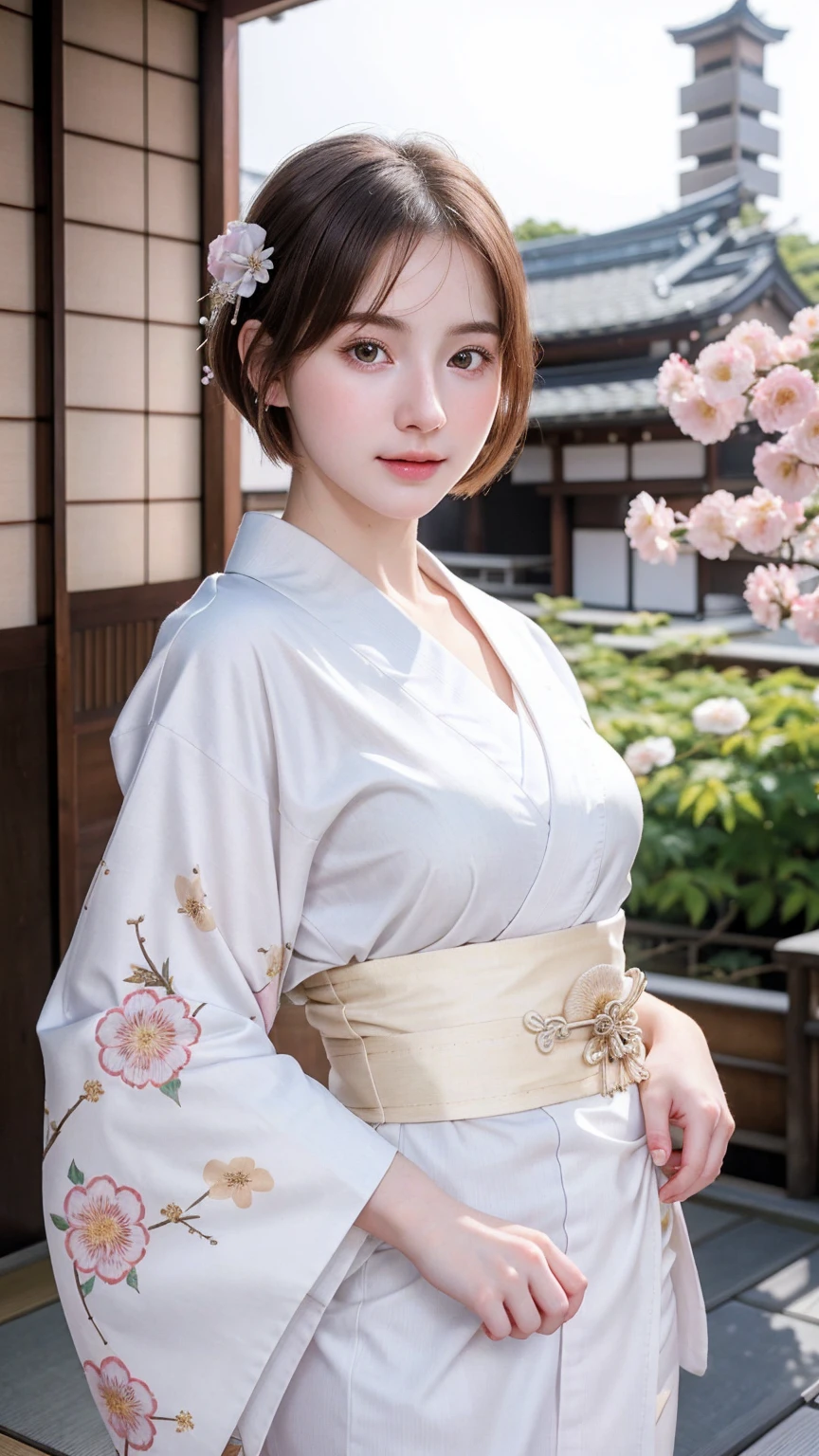 ((best quality)), photorealistic, photorealism, Photorealistic, high resolution, Beautiful, Baby Face, 20 Years Old, White Skin, pale skin, medium breast, seductive pose, dynamic pose, looking at the camera, (Detailed face), short hair, sexy body, (wearing japanese kimono), (japanese flowers motif kimono), Fingers are occluded, bokeh, cafe background