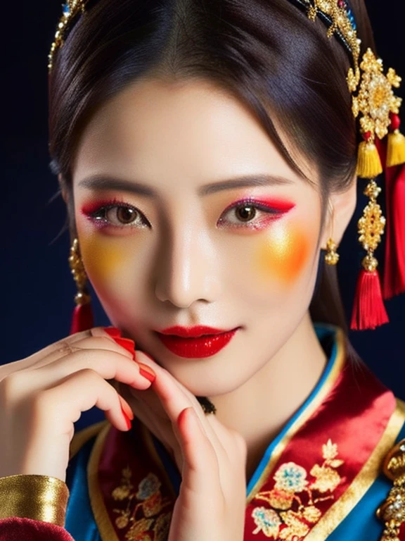 Close-up photo of a woman Wearing traditional Chinese clothing, close-up of a woman wearing black and red clothing, silk velvet Silk velvet, blue, gold, yellow, orange, expensive silk., Acting with different gestures,