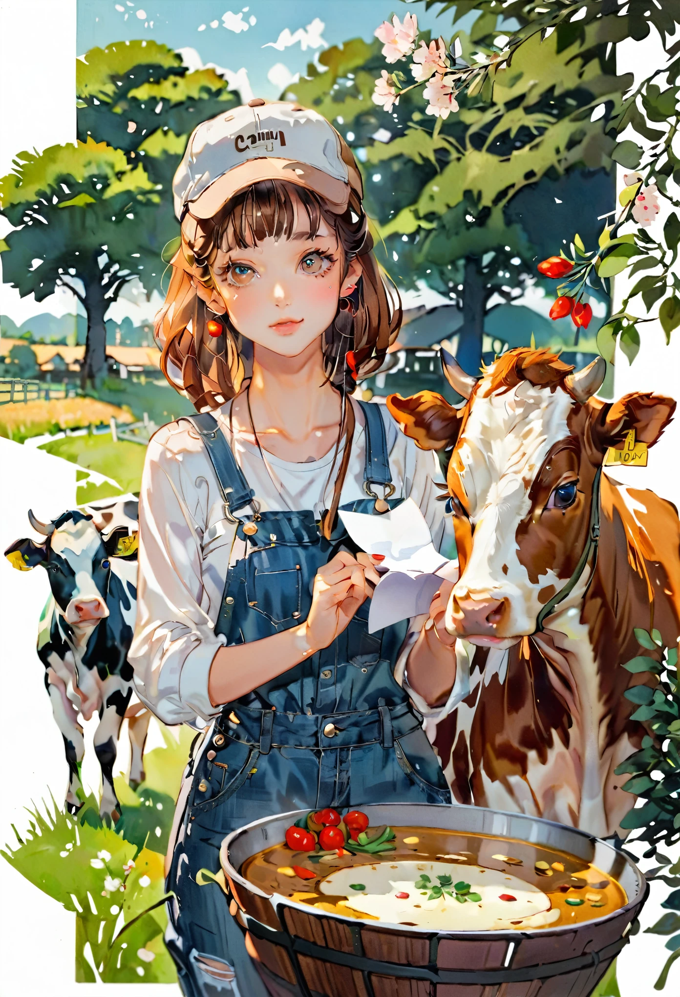 (((paper cutting style))), 1 girl, short brown curry hair, cap, denim overall, Dairy cow, portfolio