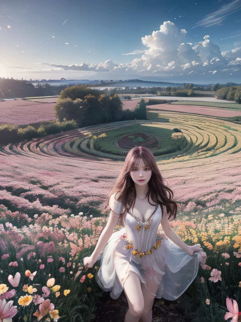 ((Masterpiece:1.2, highest quality)), Hyperrealistic, Super detailed, Ultra-precise depiction, Ultra-detailed depiction, (Flower Field:1.2), (Dynamic pose), (Abstract background:1.5), Ultra-high resolution, Wavy long hair, Pink Hair, One girl, colorful, Portraiture, (From above:1.2), Cinema Lighting, Depth of written boundary, 