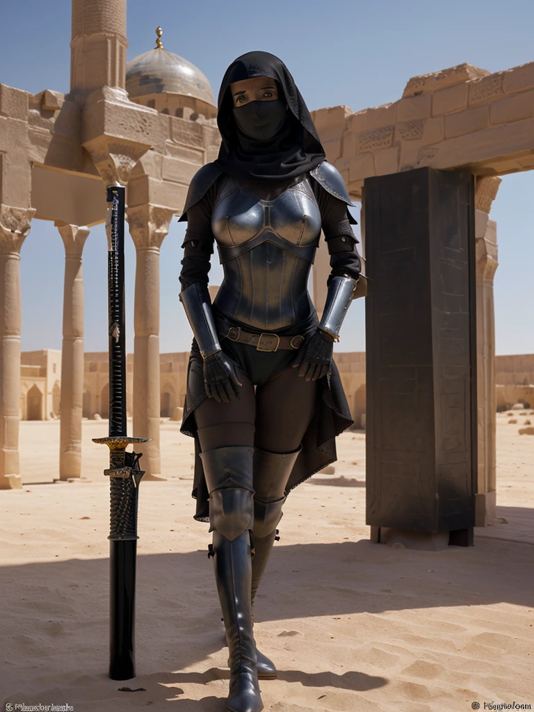 An ultra beautiful female knight in the desert wearing niqab, leather armor, holding a saber sword, black gauntlets, and leather boots. black eyes. With background an old big mosque in the huge oasis. Ultra detailed body. Ultra detailed background.