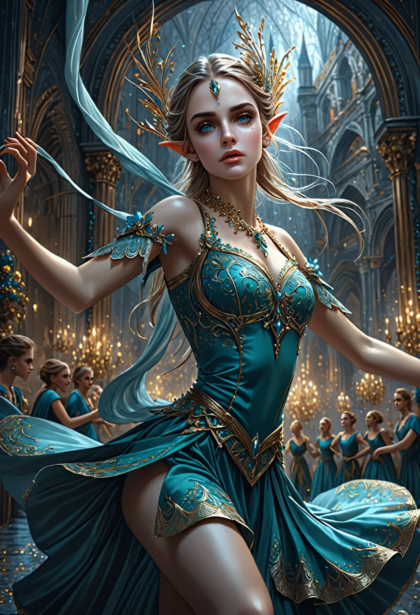 masterpiece, best quality, super fine image, 32K, perfect facial features, hyperrealistic, beautiful intricate details, hyperrealistic, a degnified beautiful elegance Elf dancer, beautiful detailed decorated dynamic pose, mystical detailed facial features, complex intricate background, chaos composition, never before, incredible elegance in gloom, 