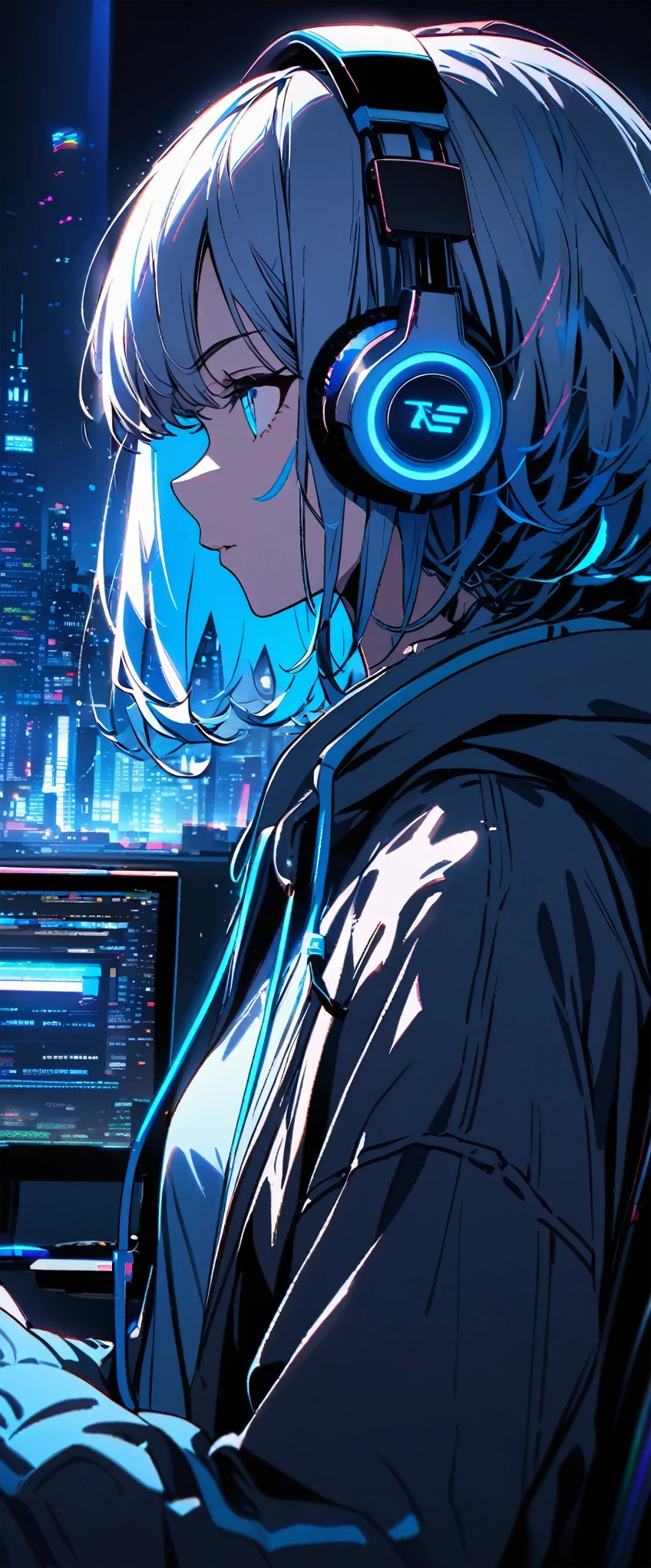  ultra detailed,1 girl, solo, hoodie, facial profile, headphone, RGB lighting headphones, headphones with blue lighting, headphone with cable, blue lighting, city, night city