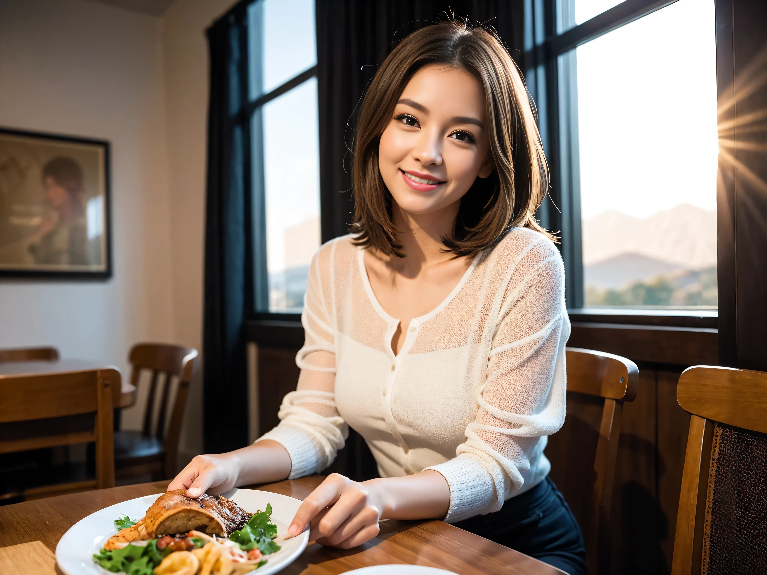 ((highest quality、8k、masterpiece:1.3))、Sharp focus:1.2、Beautiful woman perfect body:1.4、Slim body、((Bob Hale、Straight hair:1.2))、(to be born, highest quality, masterpiece:1.5), (Realistic, Intricate details:1.2), Ultra-high resolution, Amazing view of the sunset sky and clouds、Amazing mountain views、A bright smile、A lovely woman with a smile、Bright image、2. The beauty of wine, Beautiful Face, blue eyes, The light shines on your face, Blushing, short hair,Bright Face、Fox face、 (36 years old), 39 years old, Lady、red wine 、Appetizers、Italian food、Wine bottle、Champagne、sparkling wine、Two beauties、Brown Hair、Shortcuts、Long sleeve shirt、dress、Pretty Woman 1, (Slim face), (The body is slim), (Brown Hair), (Shortcuts), cheeks turn a little red,Attractive beauty、, Out of the window, A beautiful and detailed night view unfolds.........., restaurant, In a prominent place (From the waist up) Nova Frog Style, actress, model, Upper Body, White wine, slim, wine glass, Wine glass placed in the center, smile, (smile: 1.15), Beautiful fine grain, Depth f/2,saturation, High Contrast, Strong light and shadow,Moist Body:1.5、3D texture、Delicate eyes、Brown Hair、The hair is very shiny、