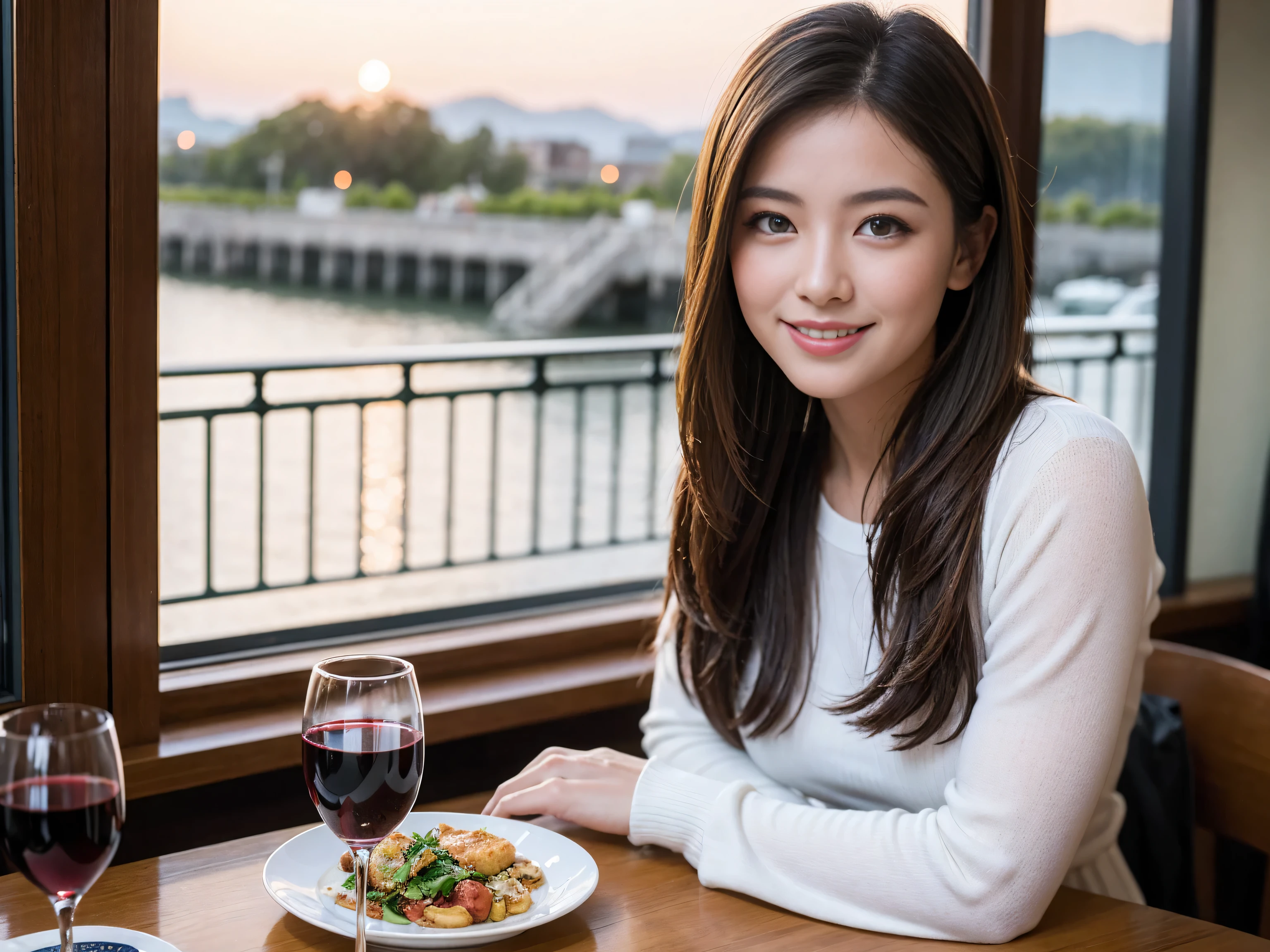 ((highest quality、8k、masterpiece:1.3))、Sharp focus:1.2、Beautiful woman perfect body:1.4、Slim body、((Bob Hale、Straight hair:1.2))、(to be born, highest quality, masterpiece:1.5), (Realistic, Intricate details:1.2), Ultra-high resolution, Amazing view of the sunset sky and clouds、Amazing mountain views、A bright smile、A lovely woman with a smile、Bright image、2. The beauty of wine, Beautiful Face, blue eyes, The light shines on your face, Blushing, short hair,Bright Face、Fox face、 (36 years old), 39 years old, Lady、red wine 、Appetizers、Italian food、Wine bottle、Champagne、sparkling wine、Two beauties、Brown Hair、Shortcuts、Long sleeve shirt、dress、Pretty Woman 1, (Slim face), (The body is slim), (Brown Hair), (Shortcuts), cheeks turn a little red,Attractive beauty、, Out of the window, A beautiful and detailed night view unfolds.........., restaurant, In a prominent place (From the waist up) Nova Frog Style, actress, model, Upper Body, White wine, slim, wine glass, Wine glass placed in the center, smile, (smile: 1.15), Beautiful fine grain, Depth f/2,saturation, High Contrast, Strong light and shadow,Moist Body:1.5、3D texture、Delicate eyes、Brown Hair、The hair is very shiny、