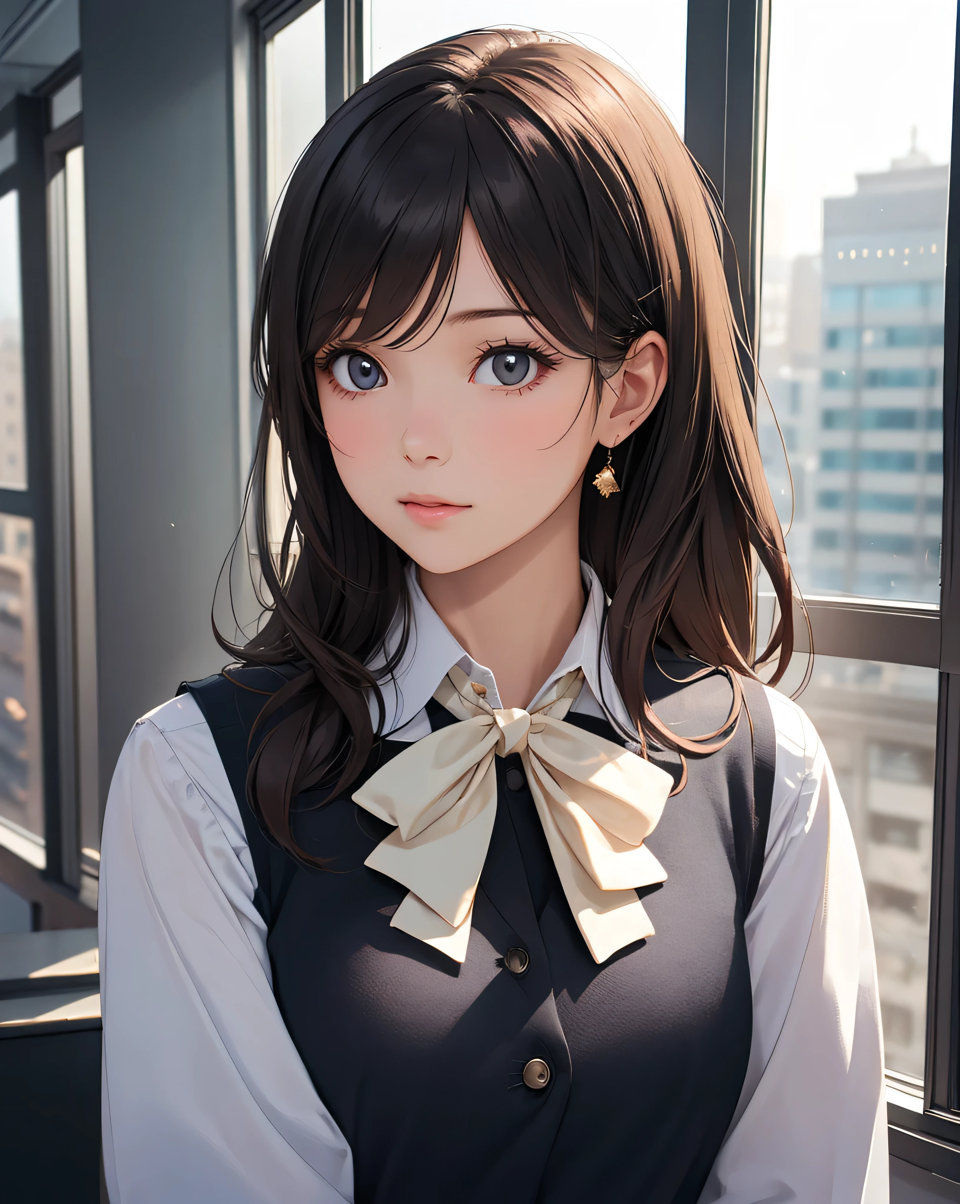 1 girl, mature woman, vest, bow, photograph, realistic, highest quality, hire, detailed face, office, building from the window, detailed background, diffused sunlight, Depth of the bounds written, Bokeh